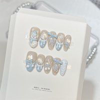 10pcs Cartoon Snowman Press On Nails Blue French Style Almond Handmade False Nails With Bowknots Snowflake Designs Fake Nail