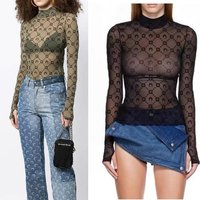 Pukaiying Marine Serrre Moon Flocking Print High Collar Long Sleeve Women's Base Shirt Transparent Lace Geometric Pattern