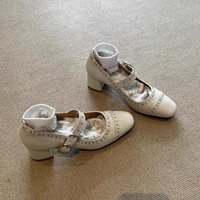Versatile round Toe Mary Jane Flat Shoes Women Summer Rivet Buckle Ballet Shoes Comfortable Thick Heel Shoes Korean Style