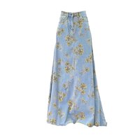 Floral Print Denim Long Skirts Womens Summer Slim Maxi Jeans Skirt Vintage High Waist Women A Line Long Skirt Korean