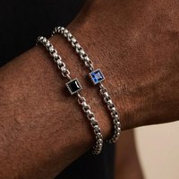 Square Blue Black Stone Bracelet for Men,Adjustable Stainless Steel Box Chain Wristband,Trendy Jewelry Gift for Him Dad