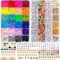 Boîte à bracelets DIY avec 48 étuis, pendentif lettre en poterie douce, boule plate pour la fabrication de bijoux, coffret cadeau de vacances