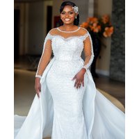 Customized O-Neck Sparkly Pearls Crystals Wedding Dress with Detachable Train Robe De Mariée Long Sleeves Modest Bridal Gowns