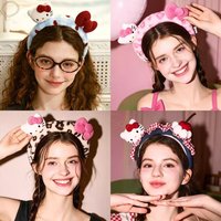 Cute Hello Kitty Plush Headband Leopard Print Bow Wash Face Hairband Kawaii Cartoon Hair Accessory for Women Girls