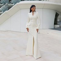 ML Vintage High Neck Button Formal Dress Elastic Front Slit Full Sleeves Ivory Women Gowns Event Prom Gowns Customized