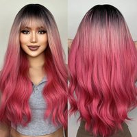HAIRJOY Synthetic Hair Wigs Long Ombre Pink Red Wavy Wigs for Women Black Pink Curly Wigs with Bangs Dark Roots Cosplay Wig