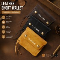 Full Grain Leather Card Holder Wallet Handmade Retro Zipper Coin Purse Magnetic Closure Personalized Engraving
