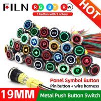 FILN 19mm 12V 24V LED Stainless Steel Black Metal Push Button Switch Dashboard Warning Symbol ON OFF Car Racing Switch
