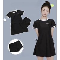 Modest Black Short Sleeve Two Piece Swimsuit Dress with Boyshort Bottom Side Drawstring Tummy Control Swimwear for Beach Pool
