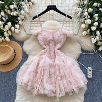Elegant Mesh Vintage Sleeveless Chic Embroidered Floral Slim A-line Ball Gown Dress French Sweet Streetwear High Street Clothing