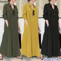 2026 Elegant Pockets Shirt Maxi Green Dress Chic Long Sleeve Single-breasted A-line Cotton Dresses Femme Casual Autumn Vestidos