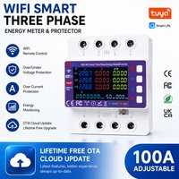 Tuya WiFi Smart Three Phase Energy Meter 100A DIN Rail Power Monitor Voltage Current Protection KWh Meter for Solar PV System