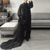 INCERUN Men Long Style Shirt Solid Ruffle Lace Up See Through Chiffon Men Clothing Streetwear Party Unisex Irregular Shirts
