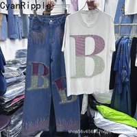 Trendy Spring Summer Women Two-piece Set Luxury Letters Diamonds Loose Short Sleeve T-shirt Top + High Waist Straight Blue Jeans
