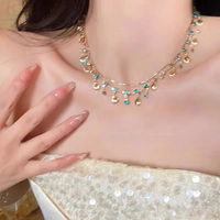 Fashion Gold Color Chain Shell Necklace Blue Tear Crystal Choker Necklace Bracelet For Women Summer Wedding Party Jewelry