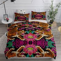 Chinoiserie Woodland Tigers Bettbezug-Set, Einzel-, Doppel-, Full-, Queen-, King-Size-Bettbezug