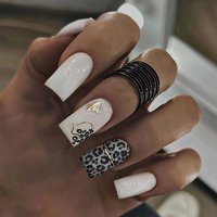 24Pcs White Glossy French Square Press on Nails with Jelly Glue Full Cover Leopard Pattern Spice for Women Wearable Fake Nails