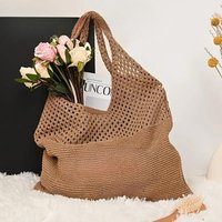 Solid Color Hollow Out Knit Shoulder Tote Bag, Vintage Stylish Women Hollow Knit Woven Shoulder, Great for Summer Travel & Beach