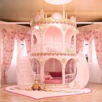 European pink girl girl dream castle, high and low double princess bed, children's bed with slide