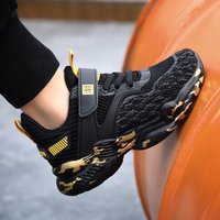 Kids Boys Black Gold Fashion Sneakers Breathable Knit Upper Hook And Loop Lightweight Non Slip Running Shoes For Outdoor Activit