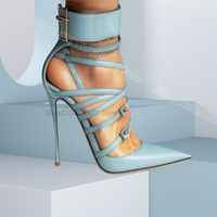 Blue Crystal Decor Stiletto Sandals Pointed Toe Leather British Style Women Fashion Party Sexy Shoes 2026 Zapatos Para Mujere