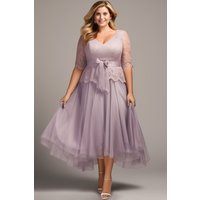 Flycurvy Plus Size Mother Of The Bride Taro Color Mesh Lace Half Sleeve Maxi Dress
