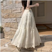 Elegant Lace Embroidery Hem Half Skirt High Waist Slimming A-Line Umbrella Long Skirt for plus Size Women Spring Summer