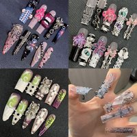 Europe America Spice Girl Handmade Long Square Stilettos Fake Nails Metal Rivet Chain Flowers Lips Bowknot Diamond Press On Nail