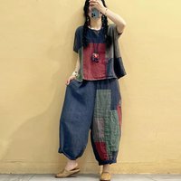 Brand Women's Cotton Linen round Ne ort Sve T-irt Patched Vintage Two-piece Set Faionable Summer Workwear