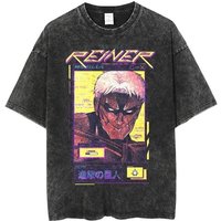 Attack on Titan Reiner Braun Armored Titan Retro 80s Vaporwave Vintage Washed T-Shirt Anime Streetwear for Men Women Casual Tees