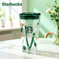 Starbucks 473ml Clear Floral & Bean Print Tumbler, Frappuccino Style, with Green Lid & Matching Straw starbucks cup