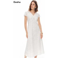 DUSHU 2026 Summer Women's Romantic Lace V-Neck Jacquard White Dress - Sweet Elegant Style for Date Nights and Special Events