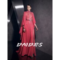 Plus Size Glamorous Beaded High Neck Evening Dress With Cape Flowy New Arrival Party Sequined Customized Cocktail Gown For Women