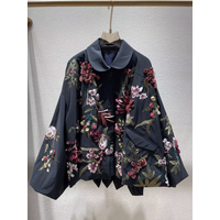 Sweet Girls Embroidered Flowers Coat Fashion Women's Black Silk Jacket Elegant Ladies Puff Sleeve Loose Trench Coat