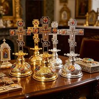 Byzantine Orthodox Standing Cross with Icons 25cm Gold Silver Metal Jesus Crucifix for Altar Church Supplies Christian Gift Set