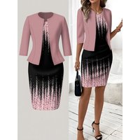 Printed Design Autumn/Winter collection casual style Pink Gradient Floral Pattern Print crew neck dress suit
