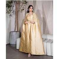 Gold Princess Long Evening Dresses with Cape Wrap Beaded Crystal Saudi Customsized Arabic Dubai Bride Wear Prom Gown Outfit