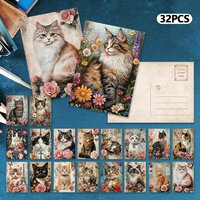 32pcs, Vintage Cat Floral Postcards, Birthday/Anniversary Gifts, Collectibles, Suitable for Gift Giving, Can be Mailed.
