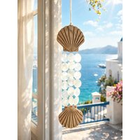 Wooden Scallop & Capiz Shell Wind Chime - Coastal Hanging Decor for Home Balcony Garden Patio, Natural Beach Style Wall Art Gift