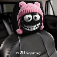 1Pc Cute Black Coal Ball Car Headrest Cover, Pink Pom-pom Earflap Beanie & Grinning Face, 2D Printed Elastic Universal Fit