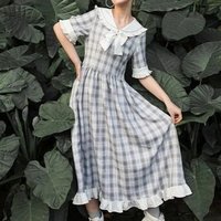 New Plaid Dress for Woman Summer Japanese Preppy Style Loose Cute Sailor Collar Checkered Long Dress Women