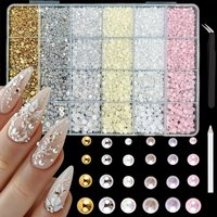 1Box 3800pcs 3D Flatback Pearl Charms Half Round Nail Art Pearls Gold Beads Charms Nails Design Nail Jewels Craft DIY Decoration