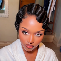 13x4 Lace Front Finger Wave Human Hair Wig, Super Natural Retro Style, Black Short Wet and Wavy Wig for Women,