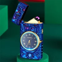2025LED Light USB Electric Lighter Embossed Dragon and Watch Plasma Flameless Power Display Dual Arc Lighter Creative Men's Gift