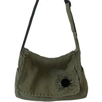 Retro Women's Canvas Shoulder Bag Sunflower Embroidered Crossbody Bag Female Army Green Laptop Bag Commuting