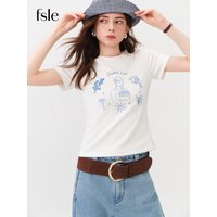 FSLE 2026 Summer Women's White Fitted Straight Cut Graphic Print Cropped T-Shirt - Casual Short Sleeve Top for Beach Vacation