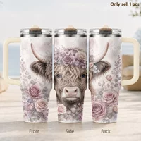 Floral Highland Cows Vacuum Flasks 40oz 3rd Gen Vacuum Insulated Stainless Steel Tumbler Cup With Handle Straw Lid For Gifts
