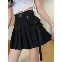 Zoki Harajuku Belt Pleated Cargo Skirt Women Fashion Gothic High Waist Pocket Mini Skirts Fashion Summer Lady A Line Black Skirt