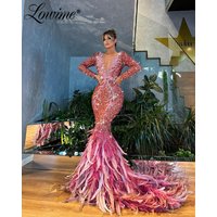 Pink Feathers Mermaid Prom Dress Glitter Sequins Beaded Celebrity Dresses Long Sleeve Birthday Party Wedding Gowns Customized