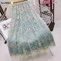 Vintage Embroidery Long Tulle Skirts Women 2026 Fashion High Waist Causal Faldas Mujer A Line Korean Style Pleated Midi Skirt